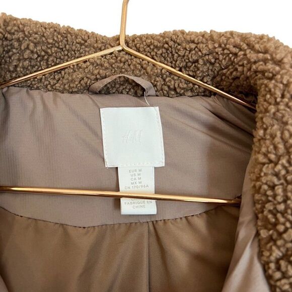H&M Brown Sherpa Nylon Zipper Pocket Quarter Zip Pull Over Sherpa Jacket - Picture 3 of 7